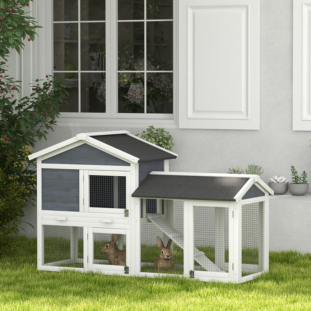 58inch Wooden Rabbit Hutch With Run, Removable Tray, Asphalt Roof, Lockable Doors And Ramp, Gray