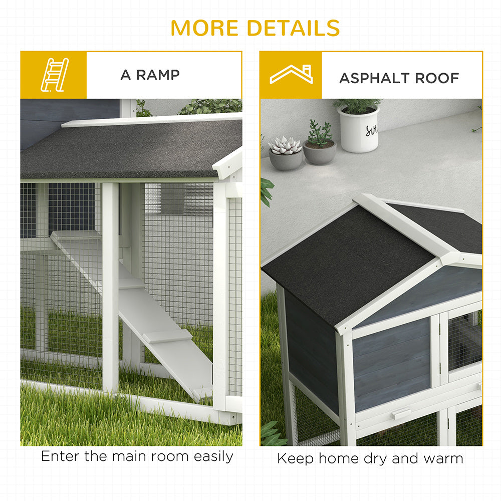 58inch Wooden Rabbit Hutch With Run, Removable Tray, Asphalt Roof, Lockable Doors And Ramp, Gray