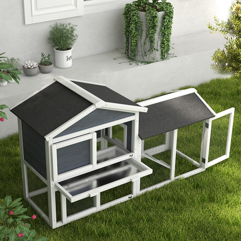 58inch Wooden Rabbit Hutch With Run, Removable Tray, Asphalt Roof, Lockable Doors And Ramp, Gray