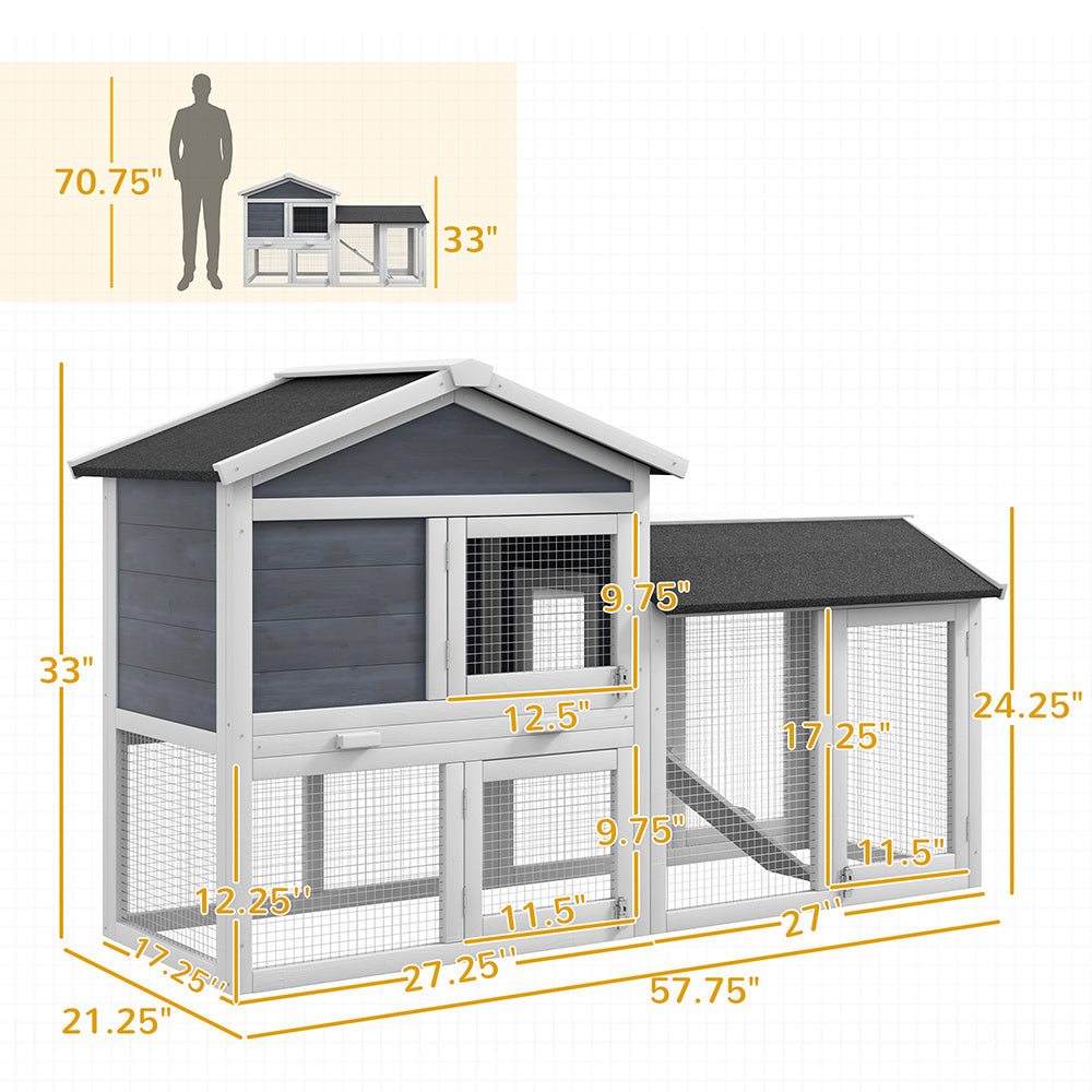 58inch Wooden Rabbit Hutch With Run, Removable Tray, Asphalt Roof, Lockable Doors And Ramp, Gray